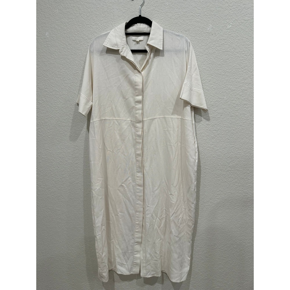 All Row Cream Linen Blend Short Sleeve Midi Shirt Dress Womens Small Off White